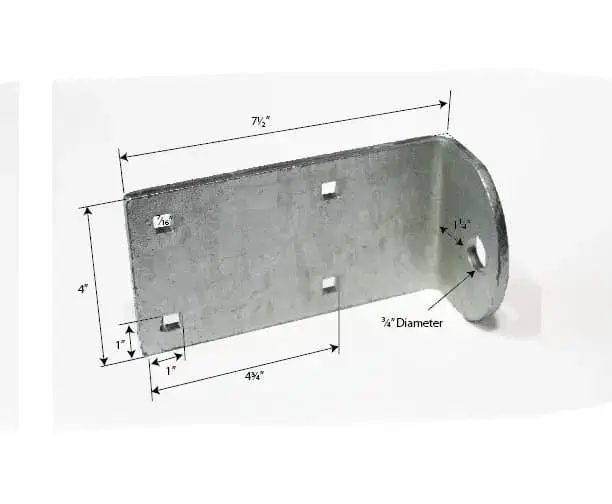 The Short L Hinge Plate is a rectangular metal bracket, 7.5" x 4", with square and circular holes—perfect for Aluminum Docks or Maine Docks systems.