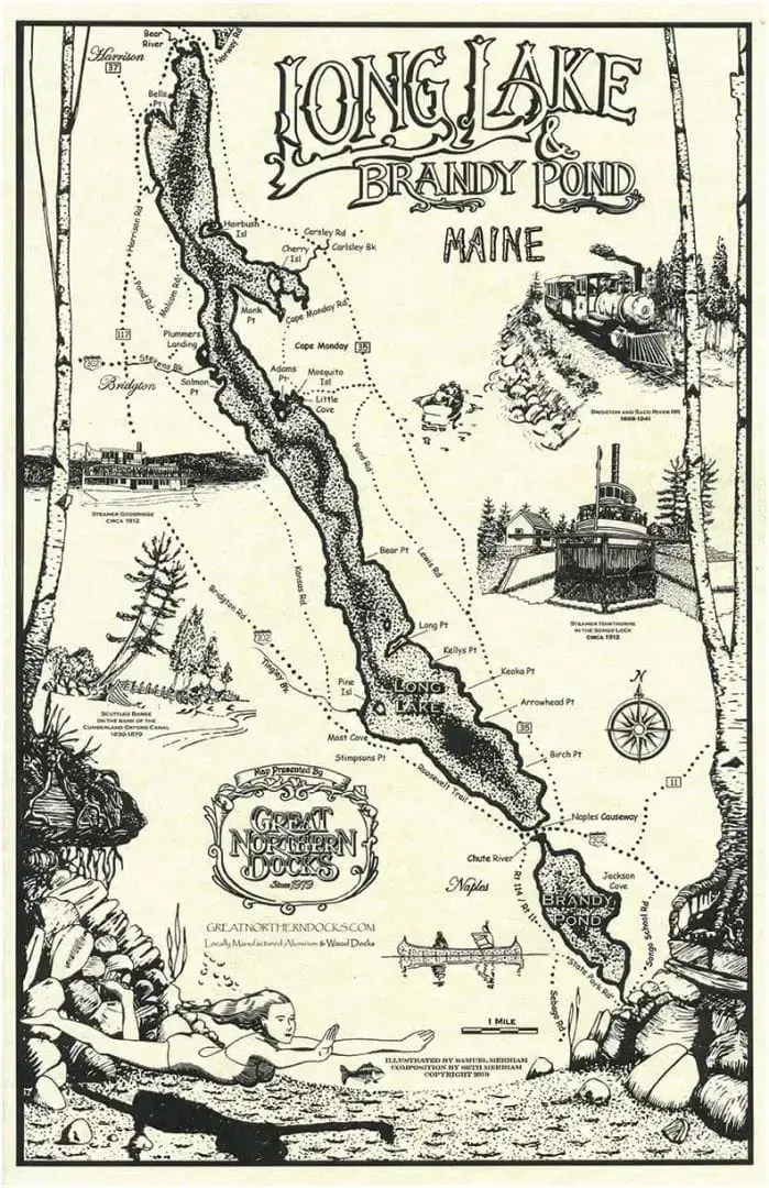 Long Lake & Brandy Pond: vintage black-and-white illustrated map with landmarks, boats, cabins, trees, and Maine Docks like Great Northern Docks.