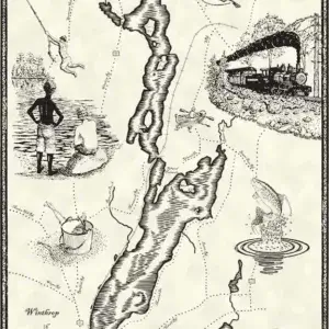 Maranacook Lake vintage-style illustrated map in Maine with wood docks, fishing, boating, camping, a loon, and picnic table.