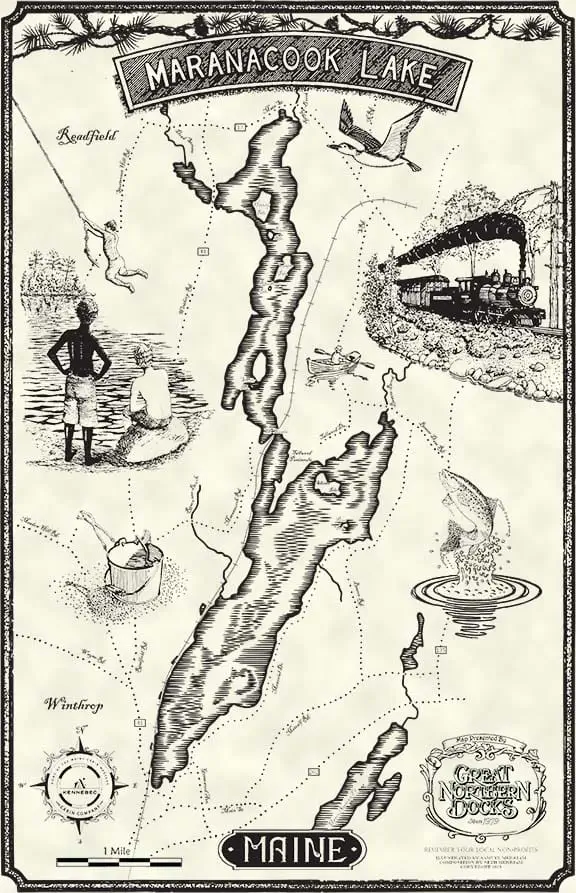 Maranacook Lake vintage-style illustrated map in Maine with wood docks, fishing, boating, camping, a loon, and picnic table.