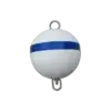 The Mooring Ball is a white, spherical buoy with a horizontal blue stripe and metal loops—ideal for marking Maine Docks, Wood Docks, or Aluminum Docks.