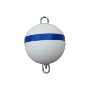 The Mooring Ball is a white, spherical buoy with a horizontal blue stripe and metal loops—ideal for marking Maine Docks, Wood Docks, or Aluminum Docks.