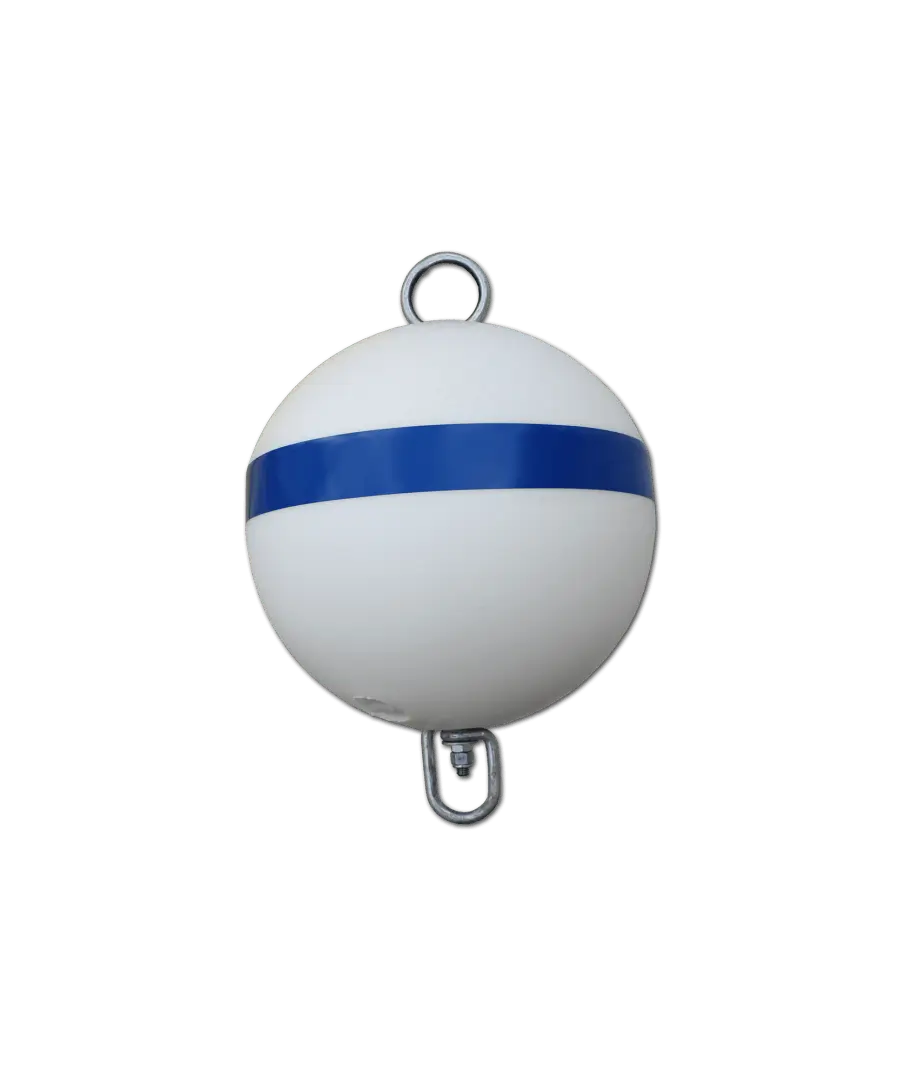 The Mooring Ball is a white, spherical buoy with a horizontal blue stripe and metal loops—ideal for marking Maine Docks, Wood Docks, or Aluminum Docks.