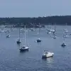 Many sailboats and small motorboats are secured to Mooring Balls on a calm bay near Maine docks, with a distant tree-lined shore under a hazy sky.