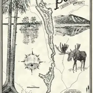 Detailed illustrated Moose Pond map with trees, mountains, a moose, water reflections, and Great Northern Docks label—perfect for wood or aluminum dock fans.