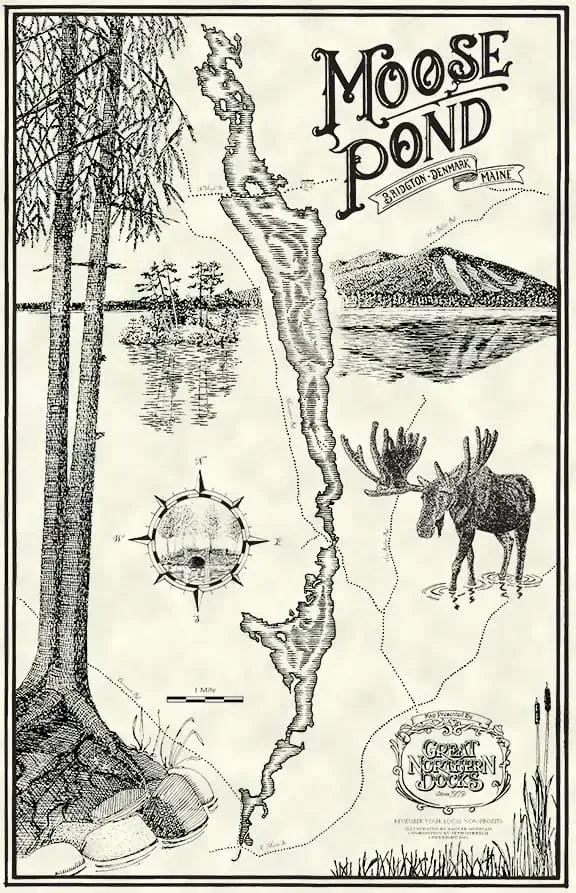 Detailed illustrated Moose Pond map with trees, mountains, a moose, water reflections, and Great Northern Docks label—perfect for wood or aluminum dock fans.