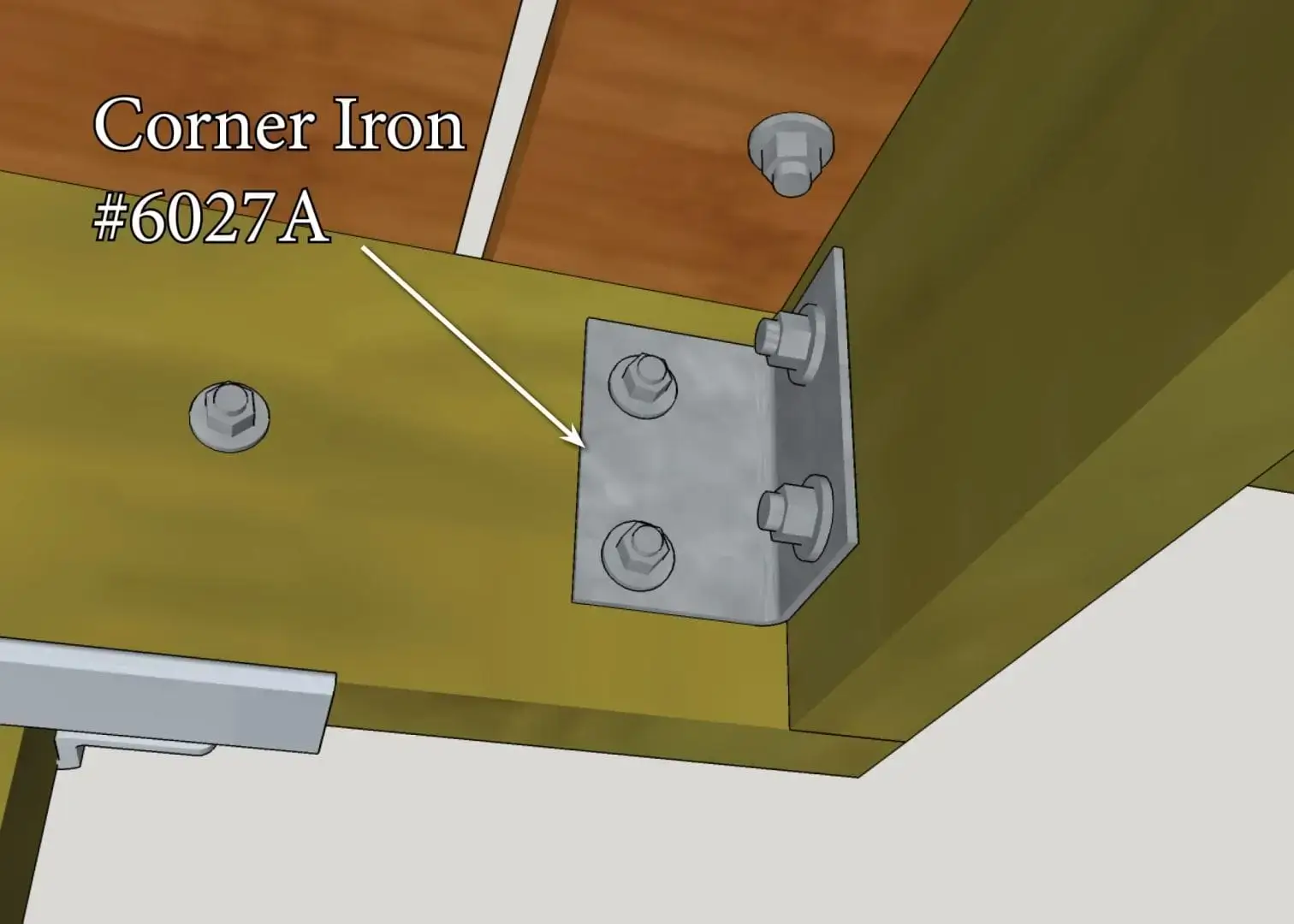 A labeled diagram shows a Corner Iron 90º (#6027A) secured with bolts to two wooden beams at a right angle for Maine and Wood Docks.