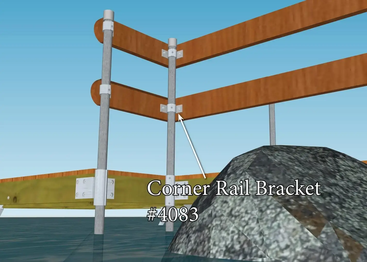 Illustration of a dock corner with metal posts, brown wooden rails, and a Corner Rail Bracket; ideal for wood docks, Maine docks, with water and a large rock in the foreground.