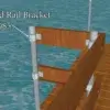 A Maine Docks wood dock with wooden railings and metal posts; an arrow points to the End Rail Bracket by the water.