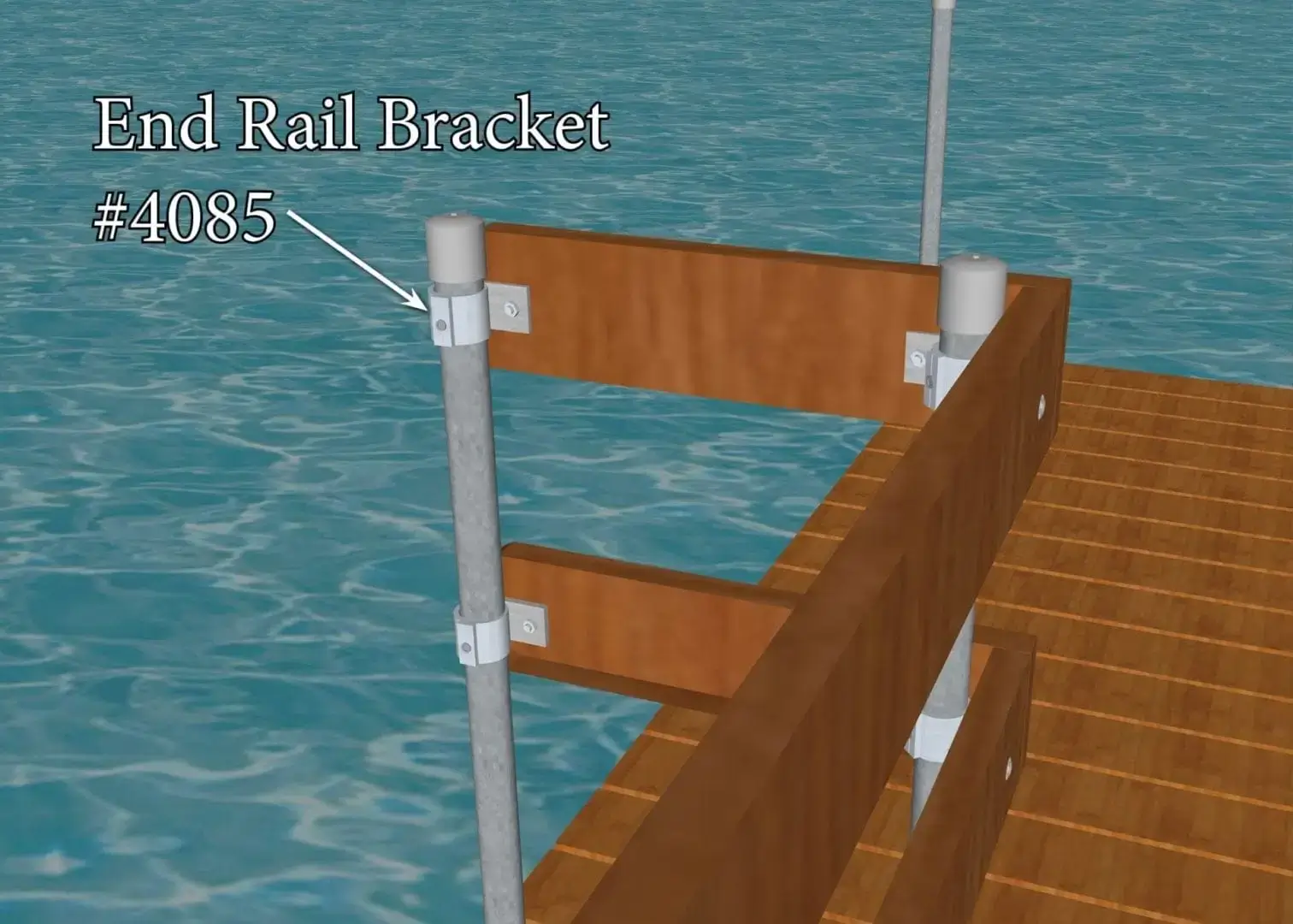 A Maine Docks wood dock with wooden railings and metal posts; an arrow points to the End Rail Bracket by the water.