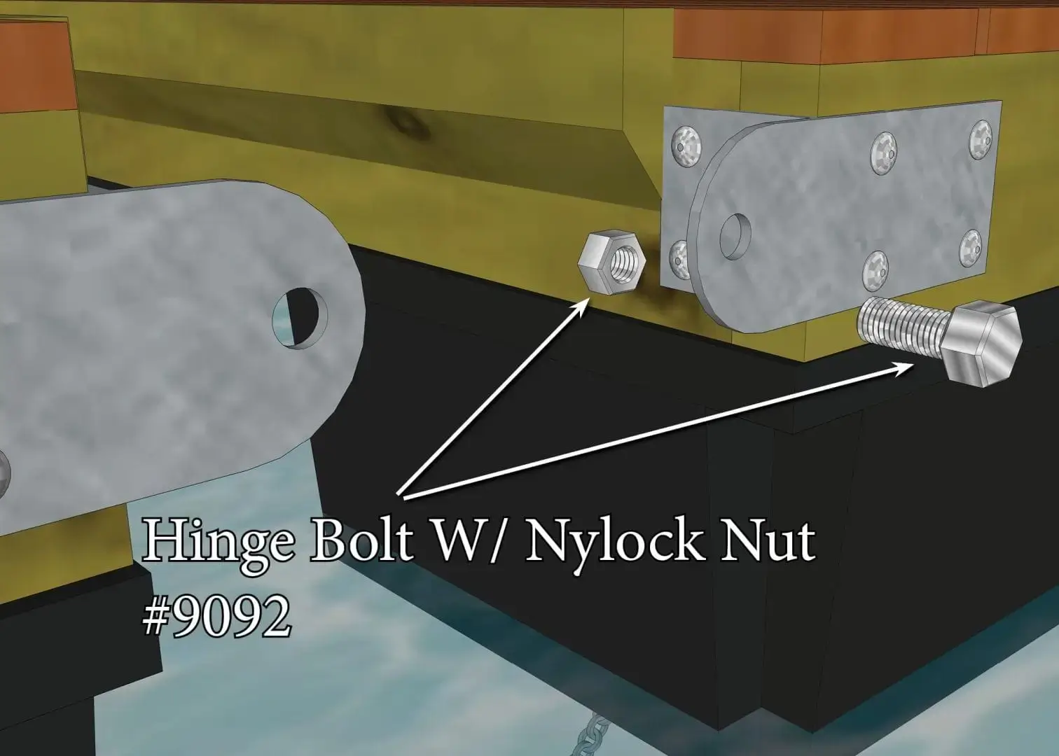 Labeled diagram of Dock Hinge Bolt with Nylock Nut (8 Pack) for Maine Docks, with arrows highlighting hinge bolt and Nylock nut components.