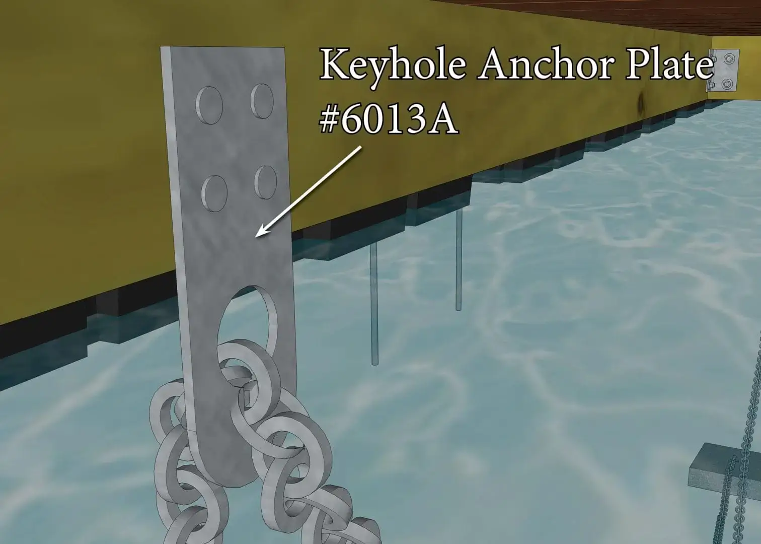 An Anchor Plate Keyhole is shown attached to a chain, highlighted by an arrow next to Maine Docks over the water.