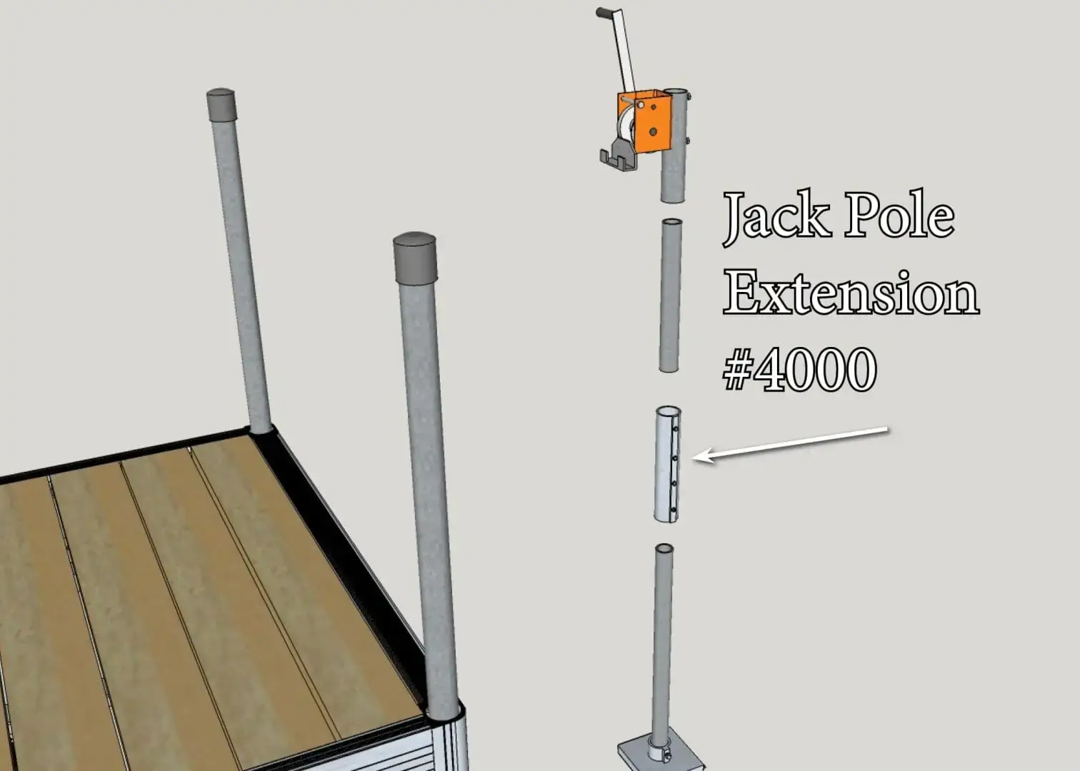 Diagram shows a metal deck with vertical poles, a Jack Pole Extension, and a hand-crank jack—ideal for Wood Docks by Great Northern Docks.