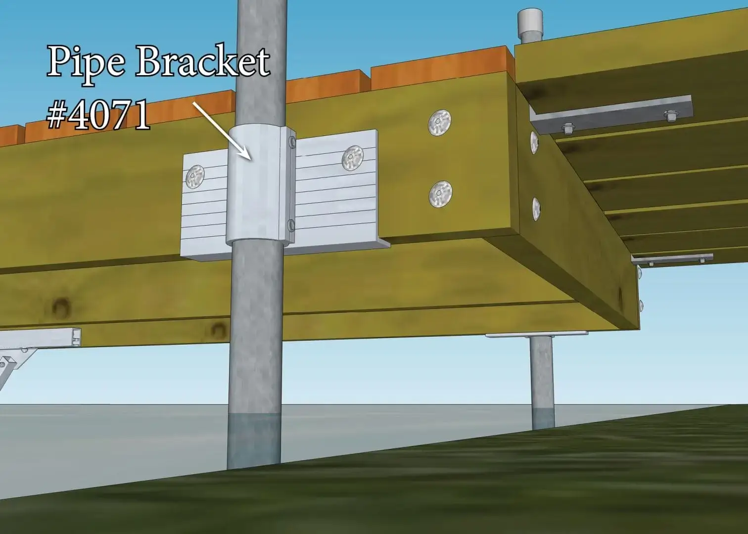 Illustration of a dock with a Pipe Bracket (2 Pack) securing a metal pipe to a wooden frame over water—perfect for Maine or wood docks.