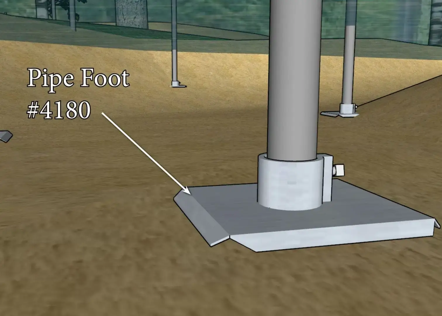 A labeled diagram shows a gray pipe attached to a base plate in soil, with “Pipe Foot (2 Pack)” and Great Northern Docks branding, plus an arrow highlighting the base.
