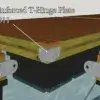 Illustration of a Wood Dock using the Reinforced T-Hinge Plate to connect two wooden sections above black floats at Great Northern Docks, with label and arrow pointing to the hinge.