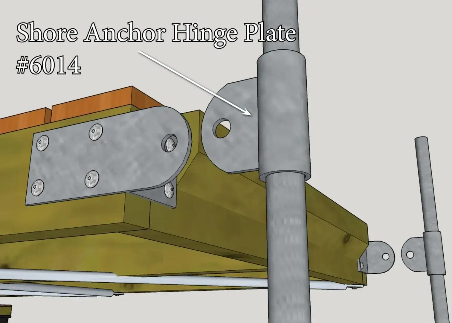 A labeled diagram shows a Shore Anchor Bracket (#6014) bolted to wood beams and metal poles with a large hinge hole for Aluminum Docks from Great Northern Docks.