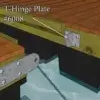 Diagram showing a dock with wooden planks and T-Hinge Plates connecting two Wood Dock sections above floating supports on water.