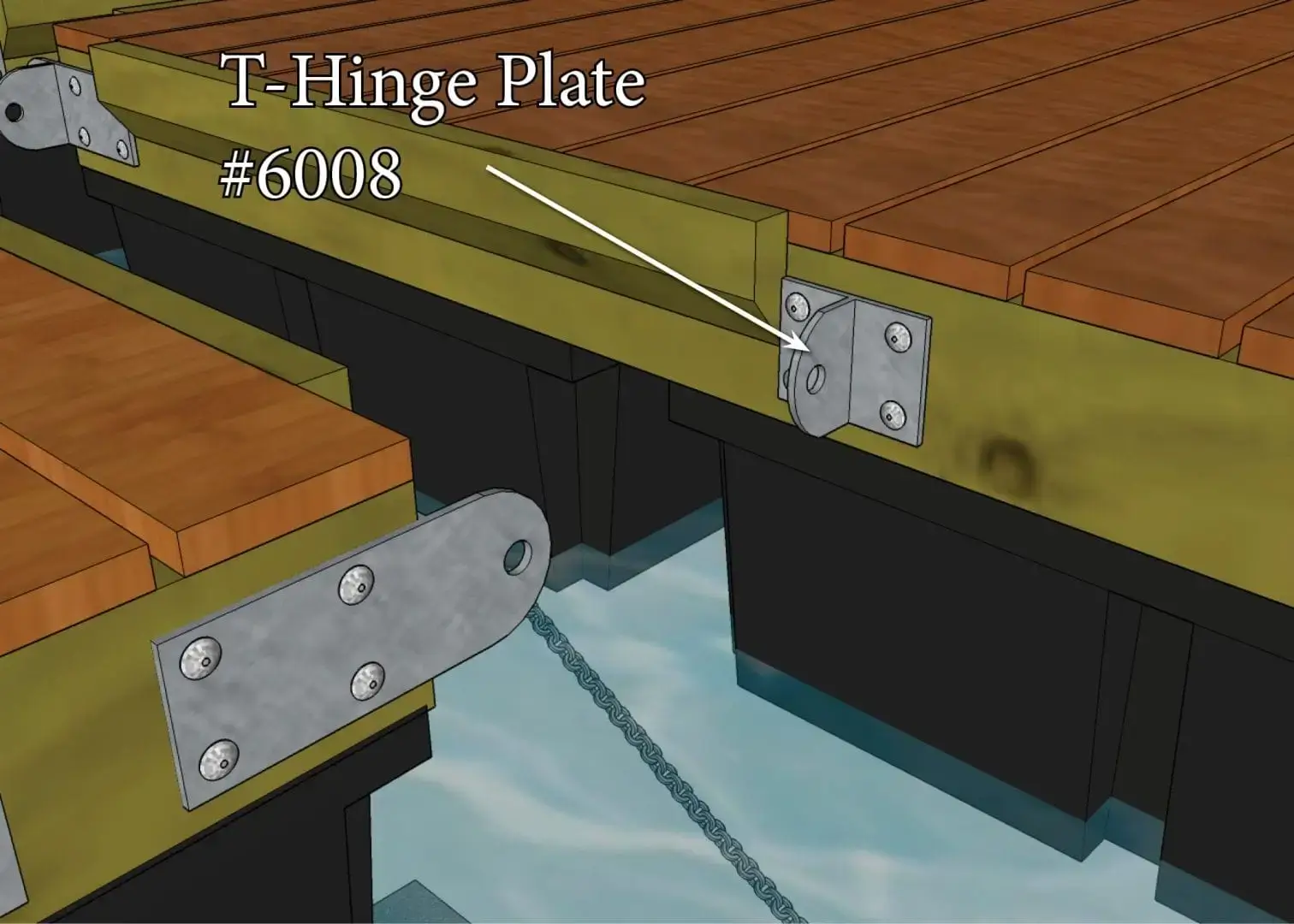 Diagram showing a dock with wooden planks and T-Hinge Plates connecting two Wood Dock sections above floating supports on water.