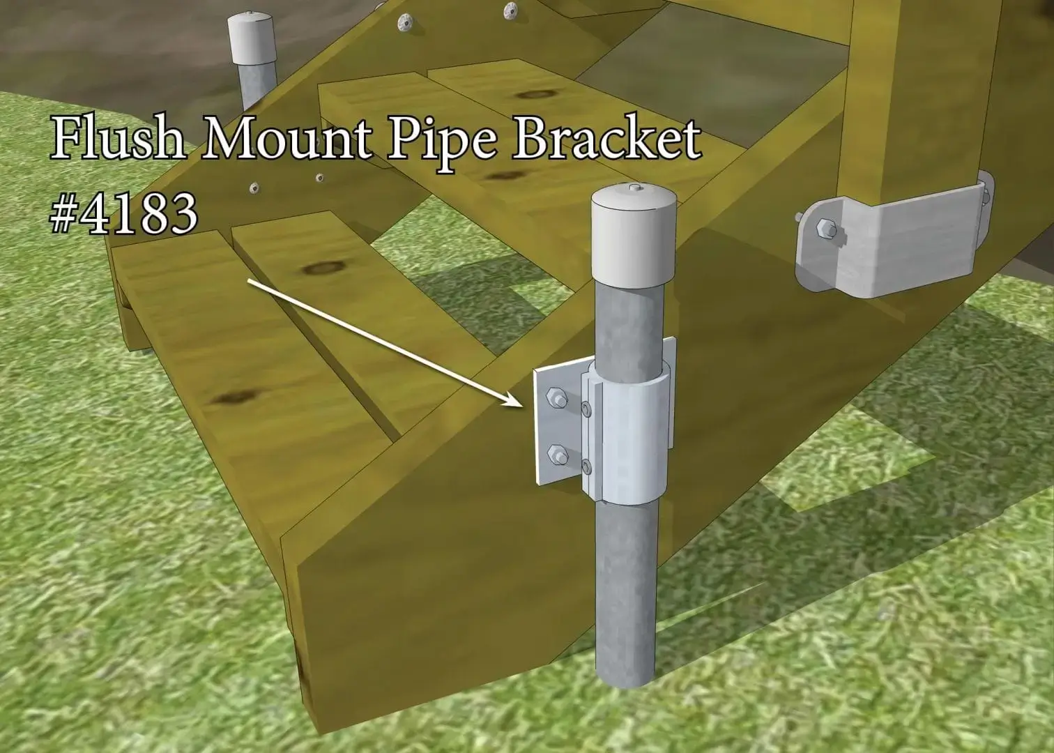 Illustration of a wooden structure with a Flush Mount Pipe Bracket, labeled and highlighted with white text and an arrow.