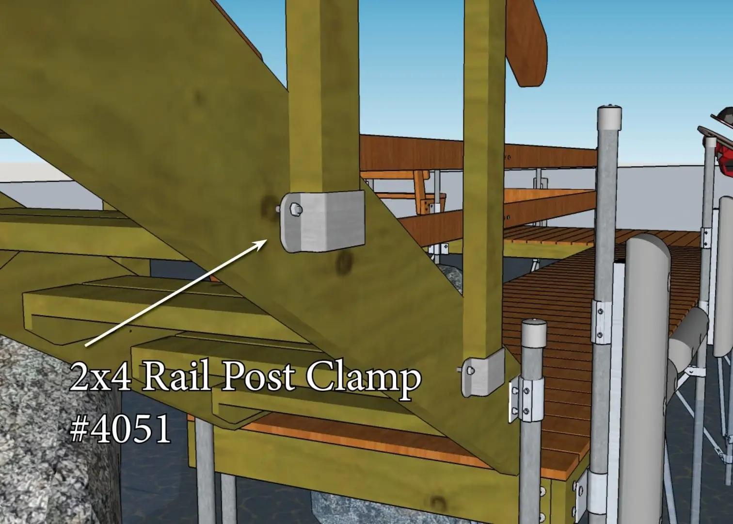 A wooden staircase on a Maine dock features a 2x4 Rail Post Clamp (4 pack) attached to the stair stringer, shown with a labeled arrow.