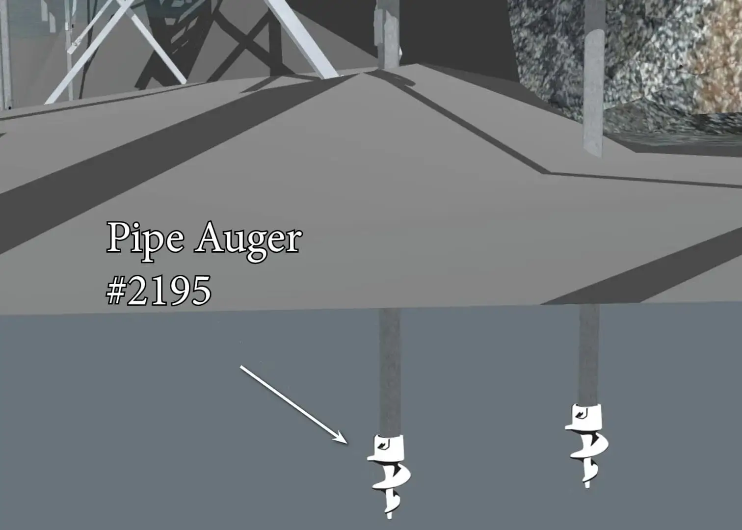 A diagram shows a Pipe Auger (2 Pack) used in Maine Docks, with an arrow highlighting its screw-like tip beneath the ground.