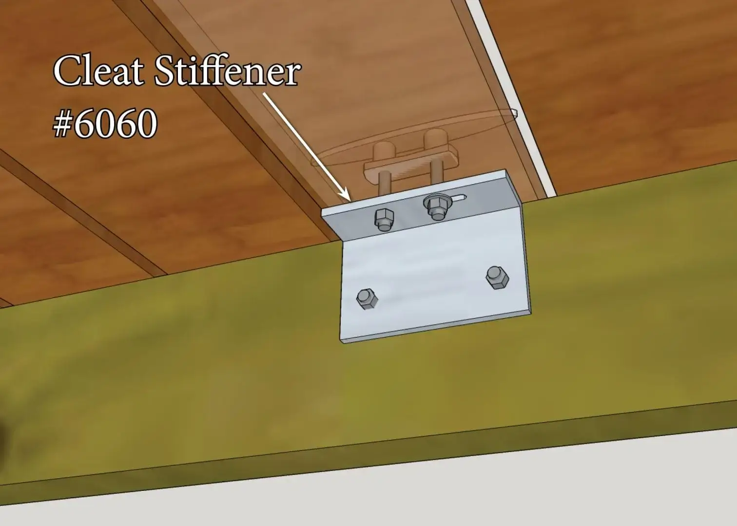 The Dock Cleat Stiffener for Galvanized Cleats (#6060) bolts to a green beam and wood above, with labeled parts, as seen on Maine Docks.