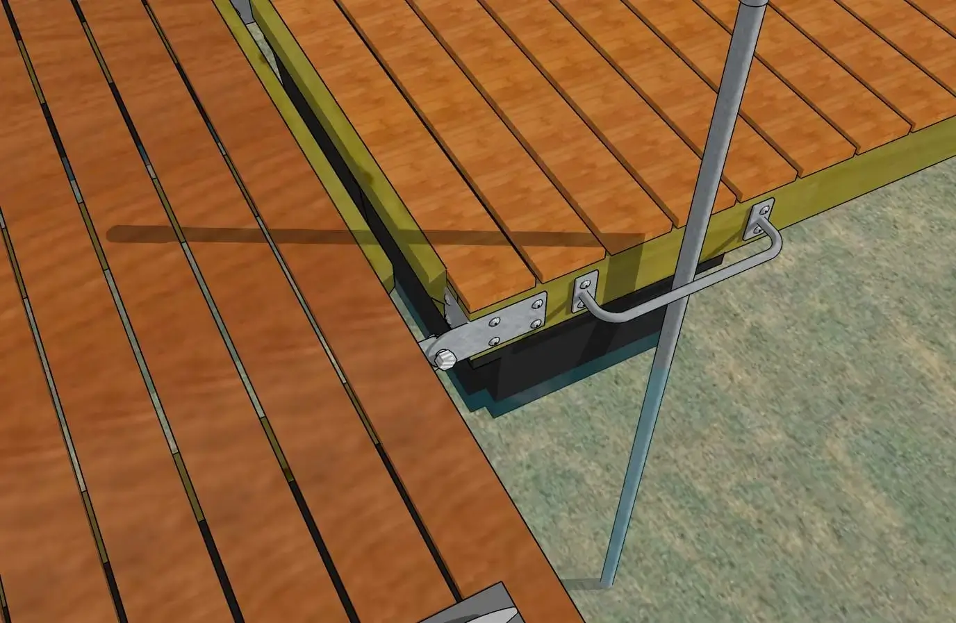 A close-up view of two wood docks connected by metal brackets and bolts above clear water, with a vertical metal pole on the right side.
