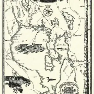 Sebago Lake vintage map with labeled bays, islands, boats by docks, trees, a compass rose, and decorative title artwork.