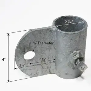 Shore Anchor Bracket: 2 1/16" wide cylinder, 4" tall flat plate, for Maine Docks; has 3/4" hole, attached bolt, labeled measurements.