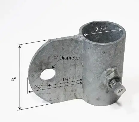 Shore Anchor Bracket: 2 1/16" wide cylinder, 4" tall flat plate, for Maine Docks; has 3/4" hole, attached bolt, labeled measurements.