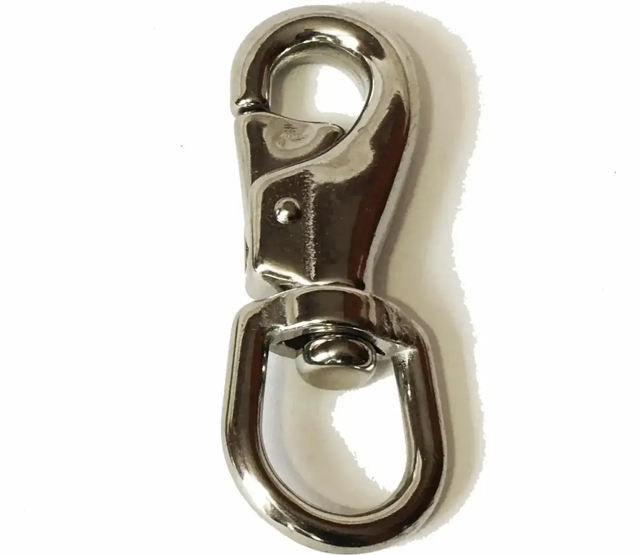 The Stainless Steel Swivel Snap features a shiny metal spring-loaded clasp, perfect for keychains, bags, or Maine Docks accessories, shown on a white background.