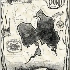 Thomas Pond map: hand-drawn in Maine, shows a fisherman by aluminum docks, fish underwater, labeled spots, decorative text, and compass rose.