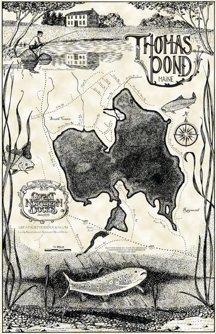 Thomas Pond map: hand-drawn in Maine, shows a fisherman by aluminum docks, fish underwater, labeled spots, decorative text, and compass rose.