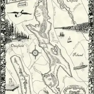 Hand-drawn Thompson Lake map (Maine) with wildlife, nearby docks like Great Northern Docks, and labels for Otisfield, Oxford, Poland & Casco.