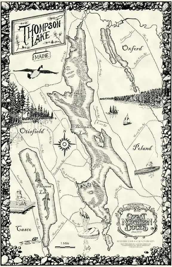 Hand-drawn Thompson Lake map (Maine) with wildlife, nearby docks like Great Northern Docks, and labels for Otisfield, Oxford, Poland & Casco.