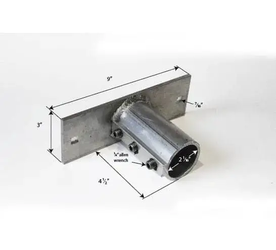 The Torsion Bar End Socket by Great Northern Docks fits 2 1/8" tube, measures 9 x 3 x 7/8, and uses bolts for a 1/4" Allen wrench with a 4.5" length shown.