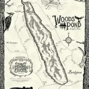 A hand-drawn map of Woods Pond features New Limington, Bridgton, Maine Docks, Sandy Creek, plus illustrations of a canoe, bear, woodpecker, trees, and trails.