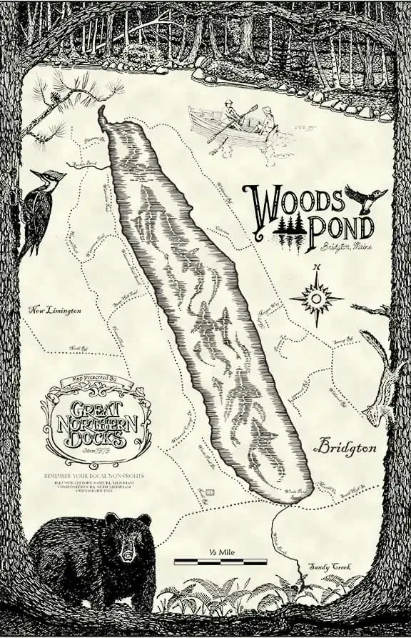 A hand-drawn map of Woods Pond features New Limington, Bridgton, Maine Docks, Sandy Creek, plus illustrations of a canoe, bear, woodpecker, trees, and trails.