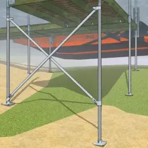 The HookNLock Bracing for Wood Docks supports a wooden dock over grass and sand, with an orange and black boat floating above the water.