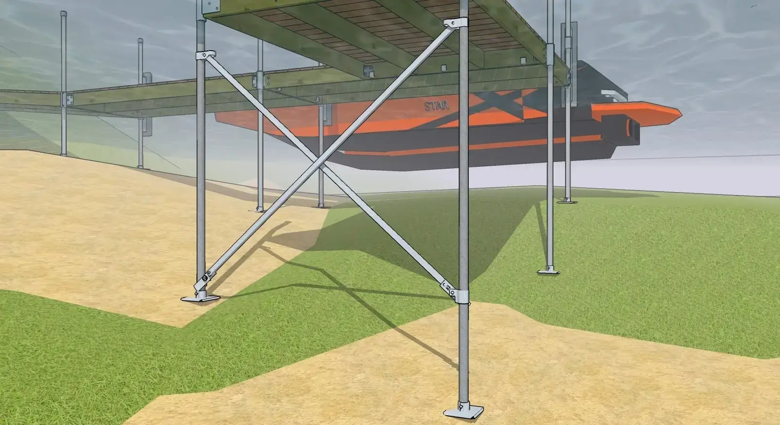 The HookNLock Bracing for Wood Docks supports a wooden dock over grass and sand, with an orange and black boat floating above the water.