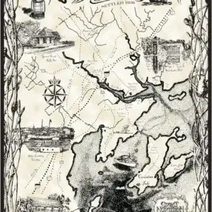 Yarmouth Maine map features vintage illustrations of landmarks, waterways, Maine Docks, a compass rose, historic buildings, and decorative borders.