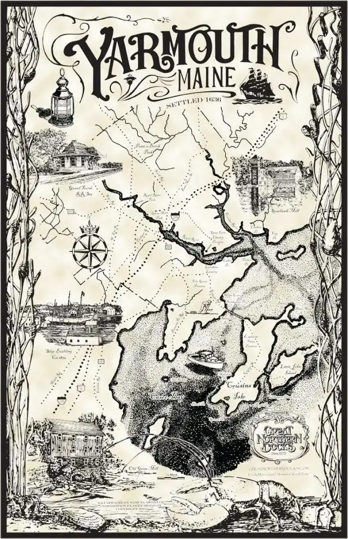 Yarmouth Maine map features vintage illustrations of landmarks, waterways, Maine Docks, a compass rose, historic buildings, and decorative borders.