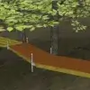 An elevated walkway, supported by 1.5" Sch. 40 Galvanized Pipe posts, curves through leafy trees in a forested area.