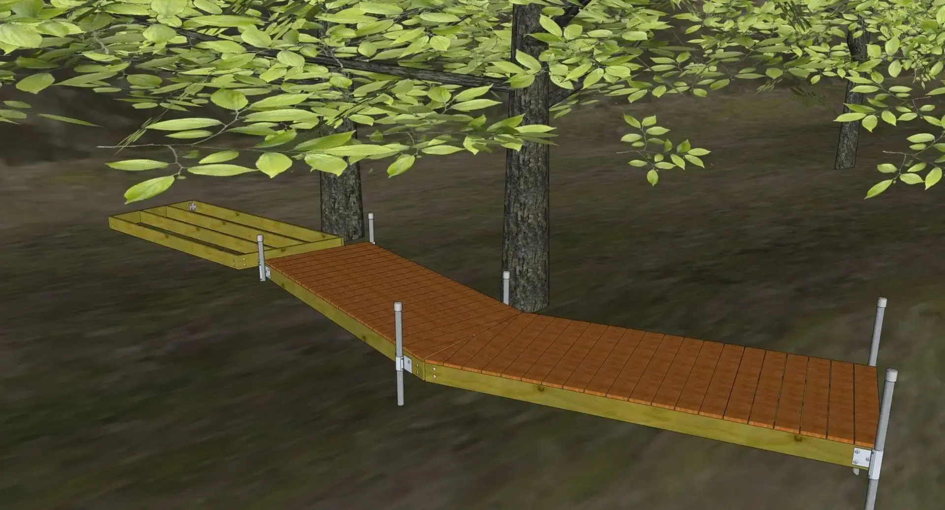An elevated walkway, supported by 1.5" Sch. 40 Galvanized Pipe posts, curves through leafy trees in a forested area.