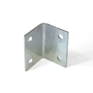 The Corner Iron 90º is a metal L-shaped bracket with four holes, perfect for Aluminum Docks, shown standing upright on a white background.