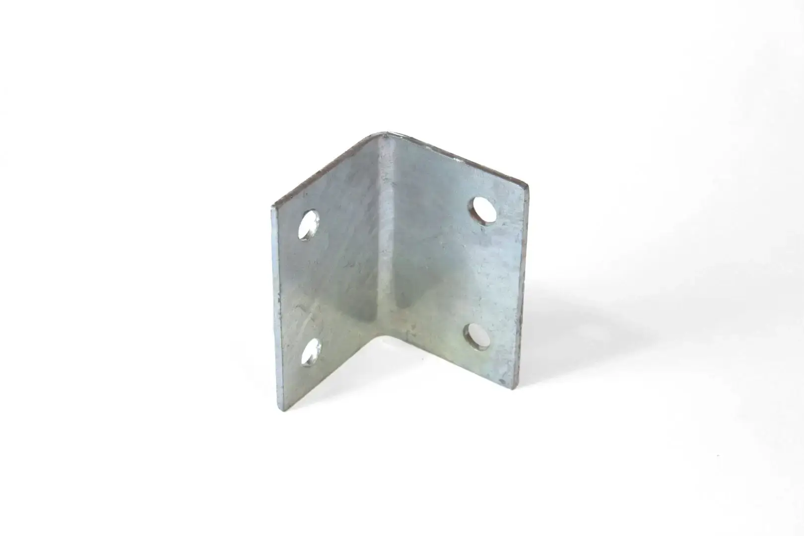 The Corner Iron 90º is a metal L-shaped bracket with four holes, perfect for Aluminum Docks, shown standing upright on a white background.
