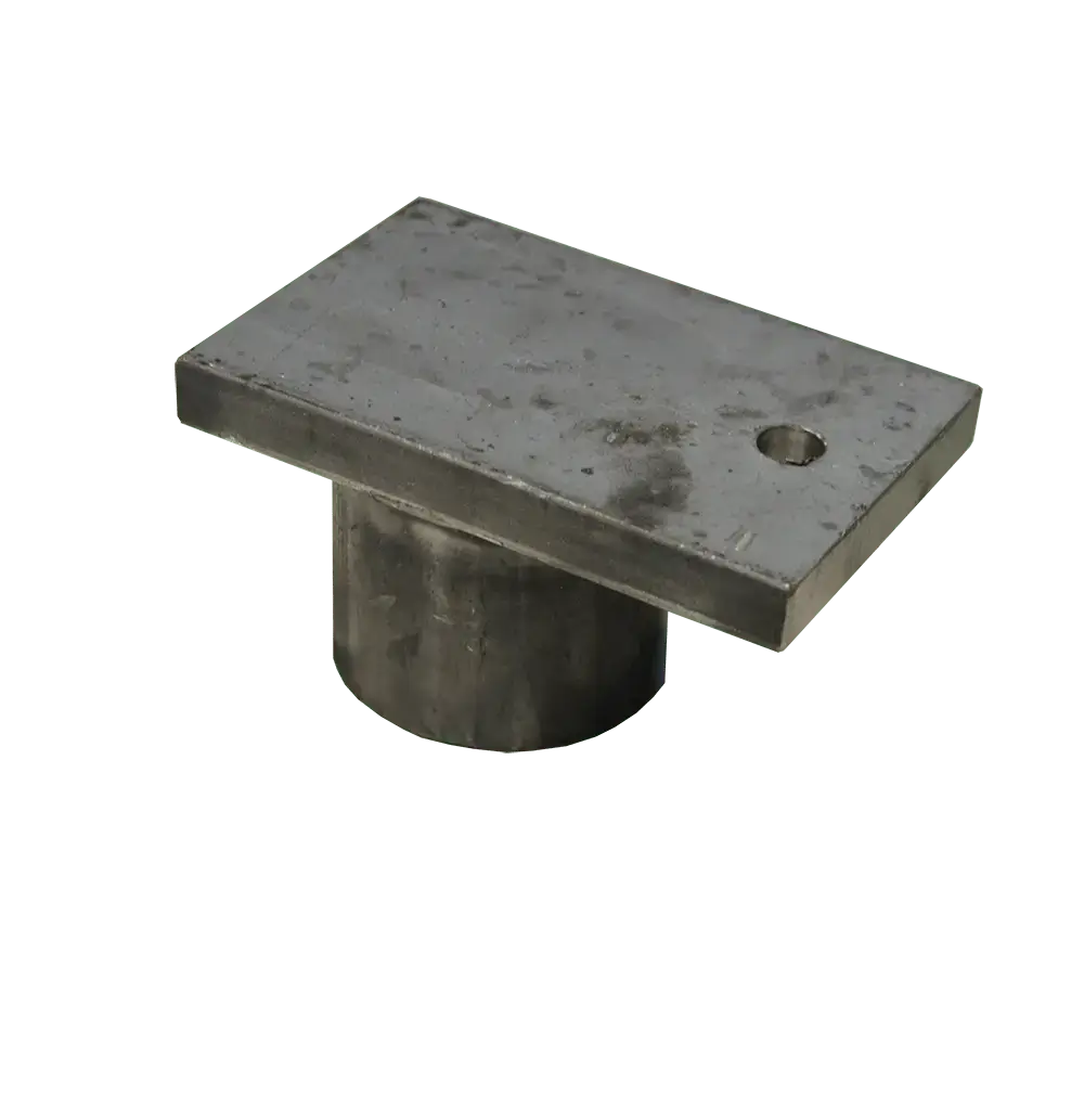 A metal object with a rectangular flat plate on top, often used in Maine Docks or Wood Docks, features a single hole and a cylindrical base, set against a plain white background.