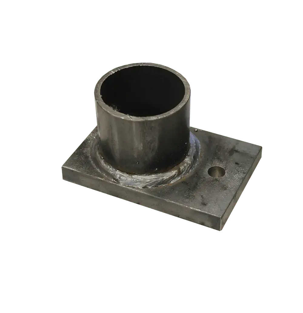 A cylindrical metal pipe, ideal for Aluminum Docks, is welded vertically onto a rectangular base plate with a small hole on one side, all set against a white background.