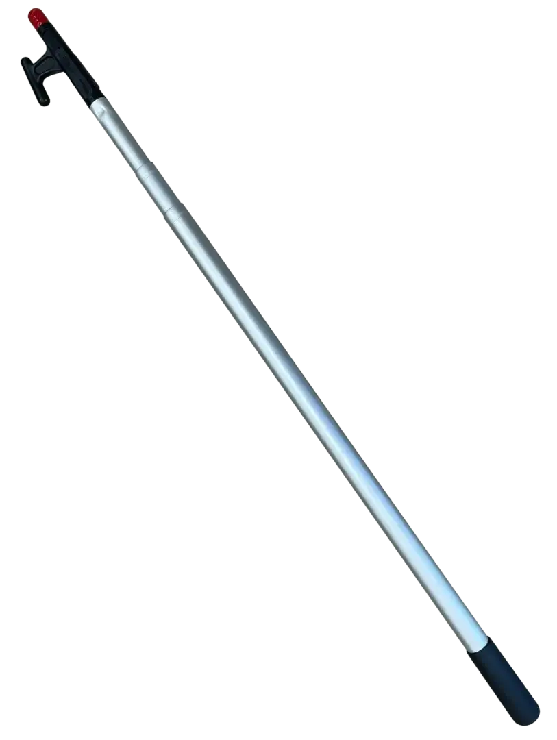 The Telescoping Boat Hook features a long aluminum pole with a black handle and red tip, ideal for cleaning hard-to-reach areas on Great Northern or Maine Docks.